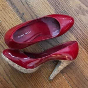 Shiny patent leather and cork platform heels!